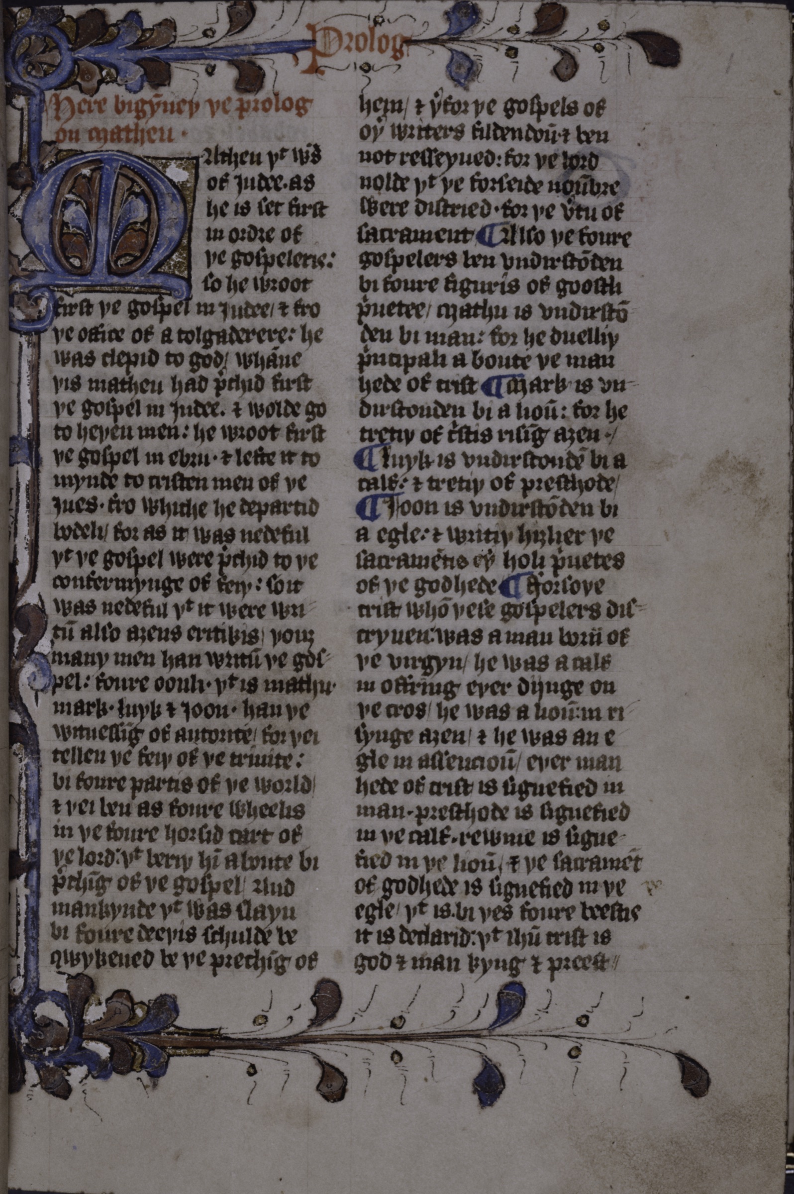 Wycliffite New Testament, prologue to Matthew, in Middle English, early 1400s, New York Public Library